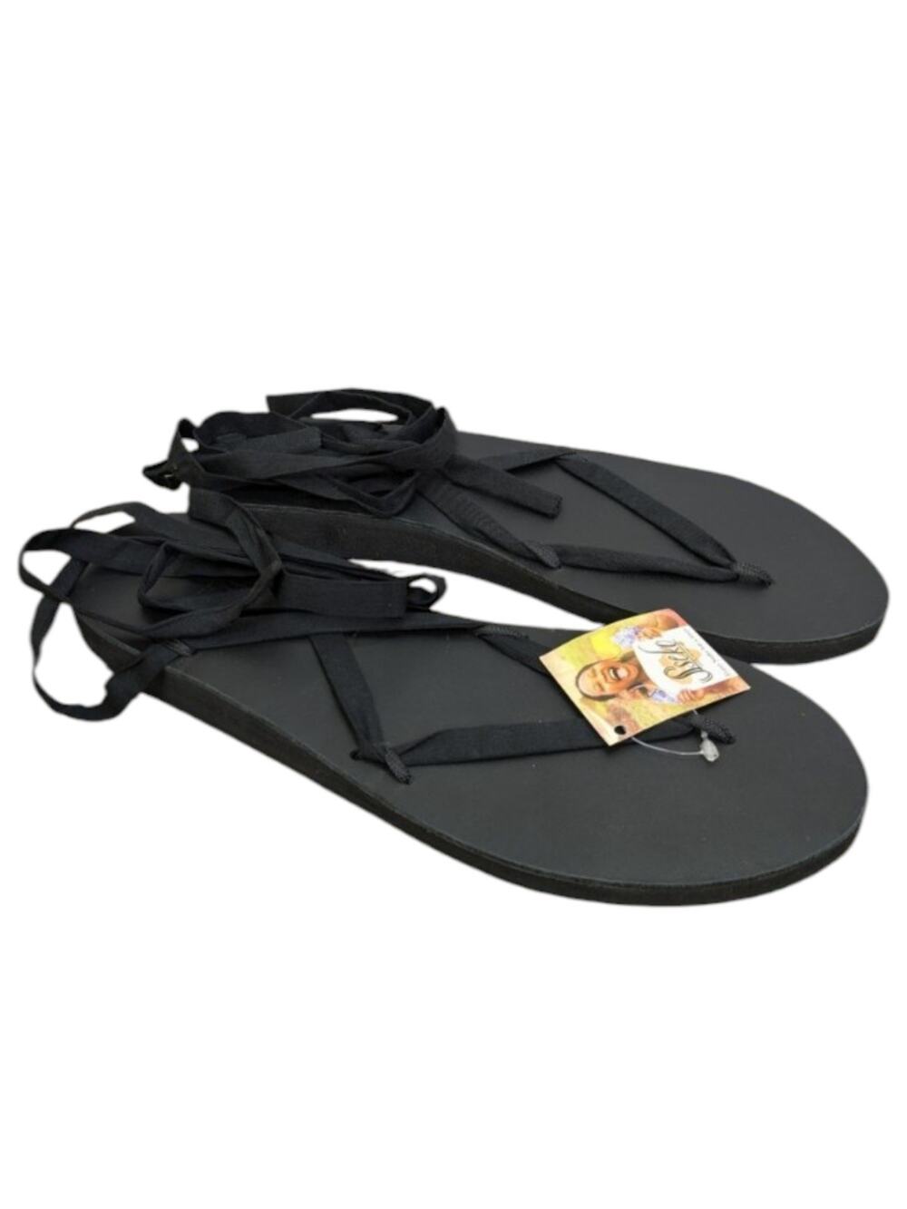 NEW Sseko Designs Black Sandals Base 12 Flats Ribbon Lace Up Strap Casual Shoes